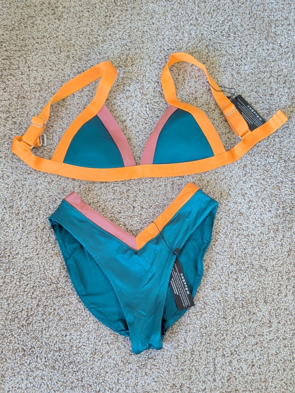 NWT Oneone Women's Teal & Orange Colorblock Bikini Set